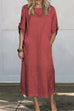 Mixiedress Rolled Up Sleeves Pocketed Cotton Linen Maxi Shift Dress