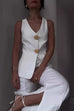 Mixiedress V Neck Button Up Vest Top and Slit Wide Leg Pants Linen Suit Set