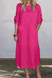 Mixiedress Rolled Up Sleeves Pocketed Cotton Linen Maxi Shift Dress