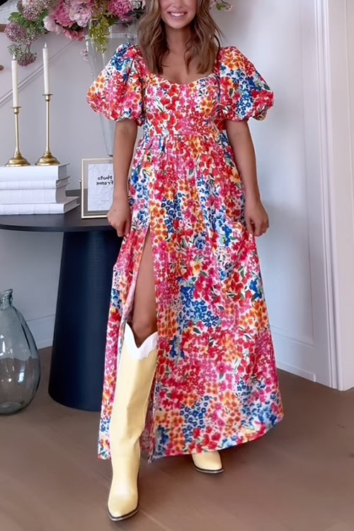 Puff Sleeves High Slit Printed Maxi Swing Dress