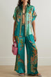 Mixiedress Roll Up Short Sleeves Shirt and Wide Leg Pants Printed Satin Set