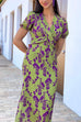 Mixiedress Cross V Neck Balloon Sleeves Printed Midi Dress