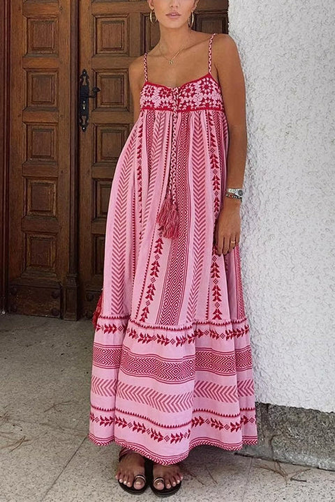 Mixiedress Tassel Crochet Hollow Out Splice Printed Ruffle Maxi Cami Dress