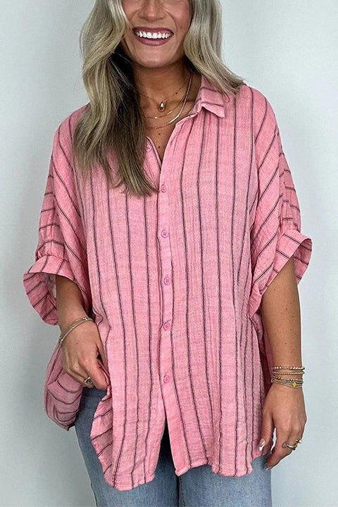 Mixiedress Oversized Button Down Batwing Sleeves Striped Shirt