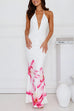 Mixiedress Halter V Neck Backless Ruched Flower Print Maxi Dress