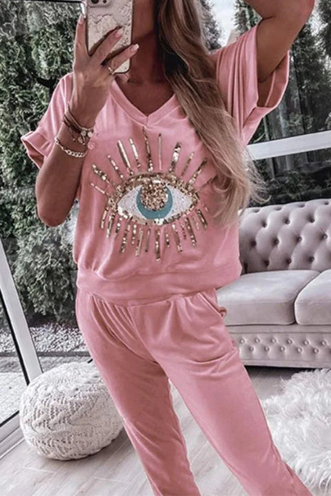 Mixiedress Sequin Pattern V Neck Short Sleeve Top with Pocketed Pants Casual Set