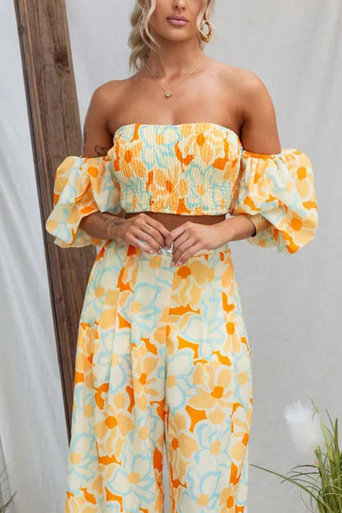 Off Shoulder Puff Sleeves Printed Crop Top