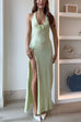 Mixiedress Halter V Neck Backless Slit Rose Applique Knit Maxi Dress