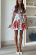 Mixiedress V Neck Puff Sleeves Ric Rac Trim Printed Mini Dress