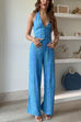 Striped Button Down Tie Knot Backless Top and Wide Leg Pants Set