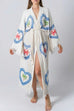 Mixiedress Raw Hem Tie Waist Printed Beach Vacation Kimono Maxi Dress