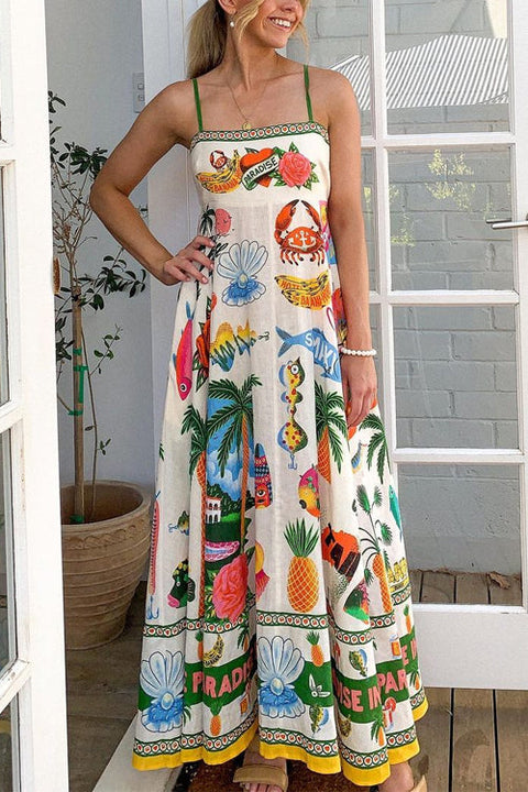 Mixiedress Spaghetti Strap Unique Print Flowy Maxi Dress