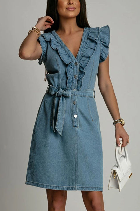 Mixiedress V Neck Button Up Tie Waist Ruffle Trim Denim Dress