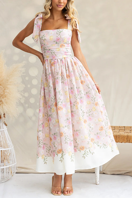 Adjustable Tie Straps Waisted Floral Print Maxi Dress