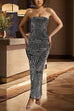 Mixiedress Strapless Back Slit Rhinestone Bodycon Maxi Party Dress