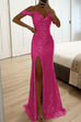 Mixiedress V Neck Cold Shoulder High Slit Sequin Maxi Prom Dresses