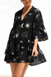 Mixiedress Flare Sleeves Button Down Graffiti Print Ruffle Shirt Dress