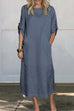 Mixiedress Rolled Up Sleeves Pocketed Cotton Linen Maxi Shift Dress