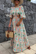 Mixiedress Puff Sleeves Backless Lace-up Printed Maxi Vacation Dress