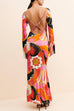 Bell Sleeves Backless Criss Cross Printed Maxi Dress