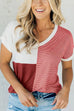 Mixiedress V Neck Stripe Splice Color Block T-shirt