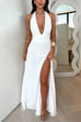 Mixiedress Deep V Neck Halter Tie Knot Backless Slit Maxi Dress