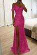 Mixiedress V Neck Cold Shoulder High Slit Sequin Maxi Prom Dresses