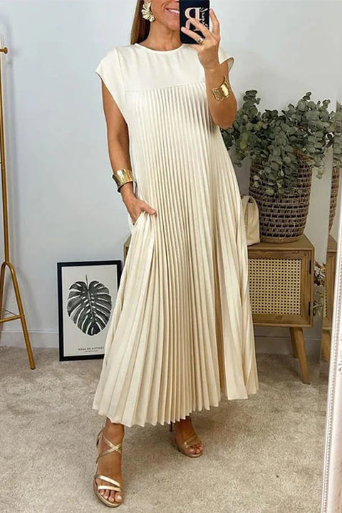 Mixiedress Cap Sleeves Pocketed Loose Pleated Maxi Dress