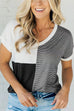 Mixiedress V Neck Stripe Splice Color Block T-shirt