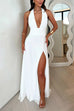 Mixiedress Deep V Neck Halter Tie Knot Backless Slit Maxi Dress