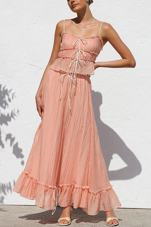 Mixiedress Frill Trim Bow Crop Cami Top and Ruffle Maxi Skirt Set