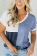 Mixiedress V Neck Stripe Splice Color Block T-shirt