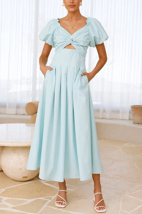 Mixiedress V Neck Twist Front Puff Sleeves Cut Out Maxi Dress