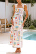 Mixiedress Tie Back Ric Rac Trim Unique Print Maxi Cami Holiday Dress