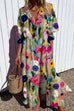 Mixiedress Ruched Button Down Balloon Sleeves Printed Maxi Dress