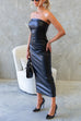 Mixiedress Strapless Tube Faux Leather Bodycon Midi Dress