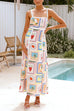 Mixiedress Tie Back Ric Rac Trim Unique Print Maxi Cami Holiday Dress