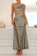 Mixiedress One Shoulder Lace Trim Cut Out Sleeveless Maxi Dress