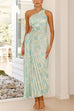 Mixiedress One Shoulder Drawstring Cut Out Pleated Floral Maxi Dress