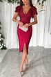 Mixiedress V Neck Ruffle Sleeves Slit Sequin Midi Party Dress