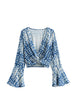 Mixiedress V Neck Bell Sleeves Twist Front Printed Crop Top