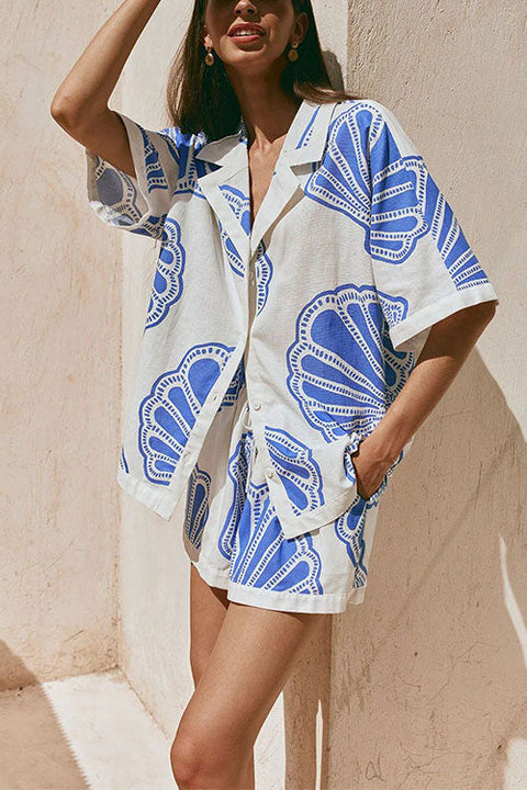 Mixiedress V Neck Short Sleeves Shirt and Drawstring Waist Shorts Seashell Print Set