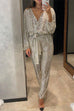 Mixiedress Wrap V Neck Tie Waist Sequin Jumpsuit