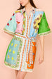 Mixiedress Short Sleeves Tie Waist Color Block Printed Mini Shirt Dress