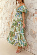 Mixiedress Twist Front Puff Sleeves Ruffle Tiered Printed Maxi Dress