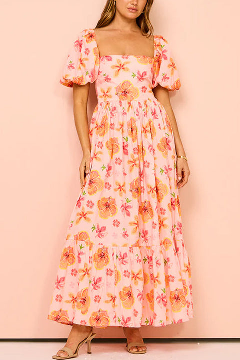 Mixiedress Square Neck Puff Sleeves Floral Print Ruffle Maxi Dress