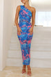 Mixiedress One Shoulder Ruched Floral Print Bodycon Maxi Dress