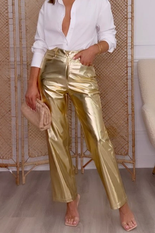 Mixiedress High Waist Straight Leg Shiny Faux Leather Pants