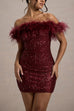 Mixiedress Off Shoulder Feather Trim Sequin Mini Party Dress