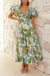 Mixiedress Twist Front Puff Sleeves Ruffle Tiered Printed Maxi Dress